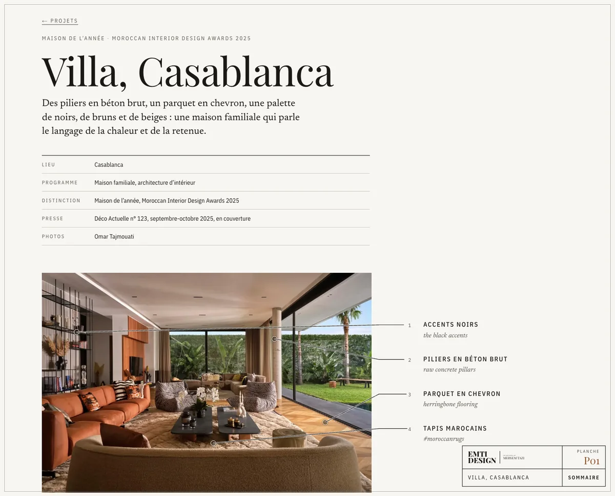 La page « Villa, Casablanca » du site d’Emti Design, avec la photo du séjour et ses annotations