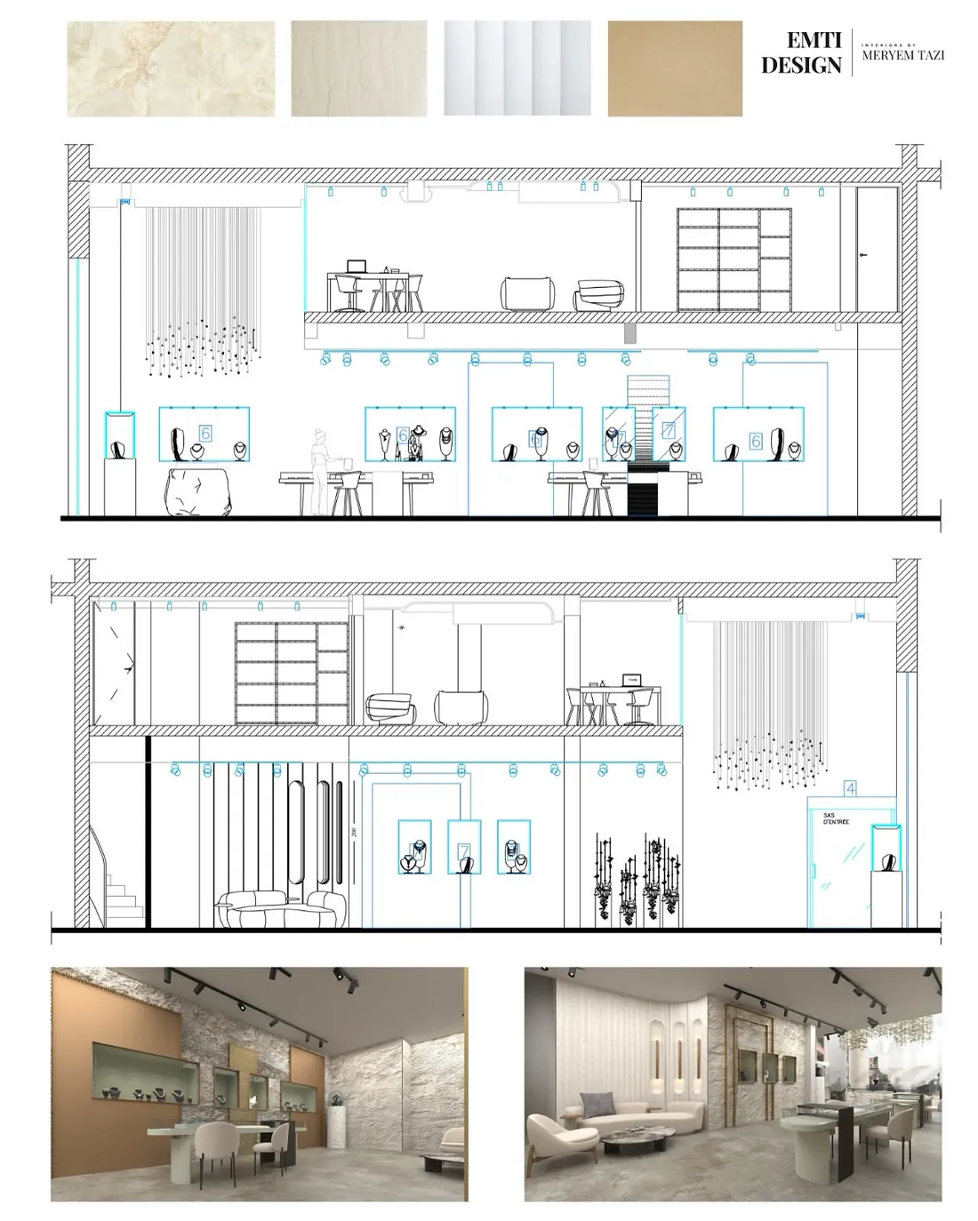 Planche de présentation d’une boutique : matières, coupes et vues